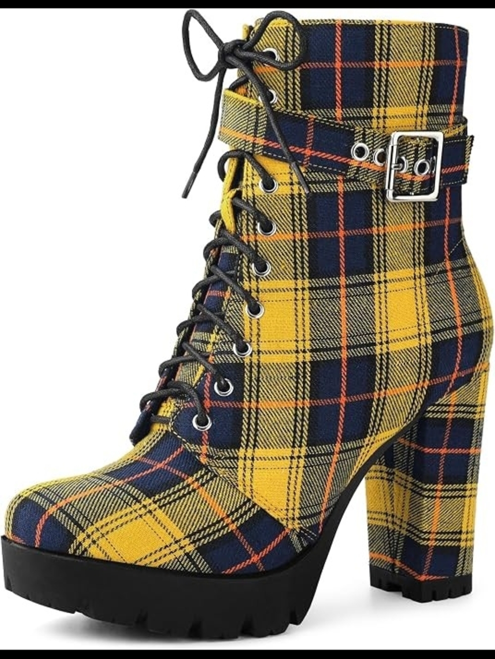 Collegcore Yellow Gold & Navy Blue Plaid Lace-Up Platform Ankle Boot